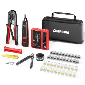 Wam568rrfb10rd Ampcom Ethernet Crimping Tool Kit 10in1 Rj45/rj11 Network With Rj45 Tester For