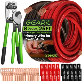 Gearit 815248026466 8 Gauge Cca Ground Wire 25ft Each - Black And Red All-in-one Kit Crimping