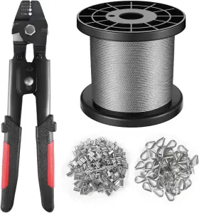 Kd-328wrcpt Kallsdy Wire Rope Crimping Tool Kit 328ft Stainless Steel Cable With 200pcs 1/16 Inch Alumi